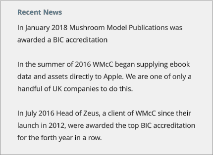 Recent News In January 2018 Mushroom Model Publications was awarded a BIC accreditation  In the summer of 2016 WMcC began supplying ebook data and assets directly to Apple. We are one of only a handful of UK companies to do this.  In July 2016 Head of Zeus, a client of WMcC since their launch in 2012, were awarded the top BIC accreditation for the forth year in a row.